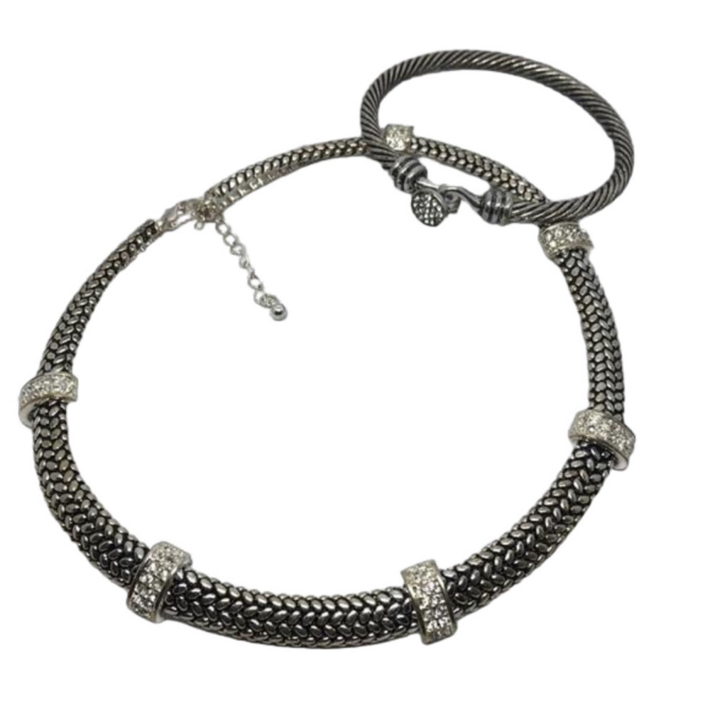 Curated bundle antique silver tone jewelry set necklace bracelet